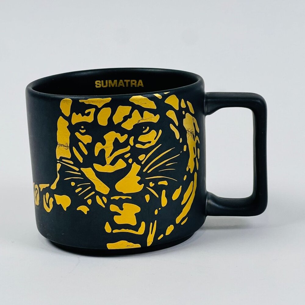 Starbucks 2015 Sumatra Tiger Mug 14oz Gold Yellow Animal Print Matte Black